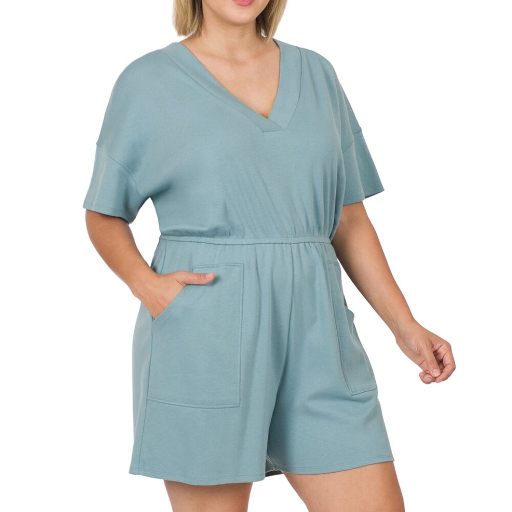 Zenana Plus Size Blue Gray V‑Neck Romper with Pockets 1X